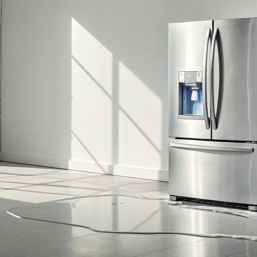 Frigidaire fridge leaking water and creating a puddle on the floor.