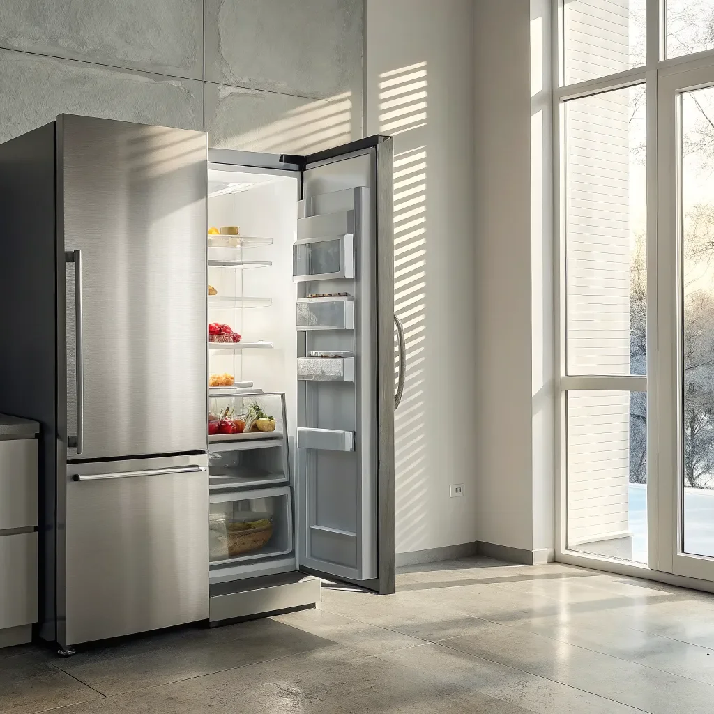 A Frigidaire fridge with the door open that is not cooling and beeping.