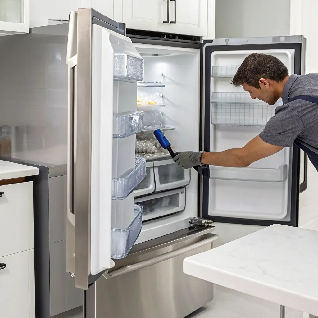 Technician diagnosing a Frigidaire ice maker to determine the repair cost.